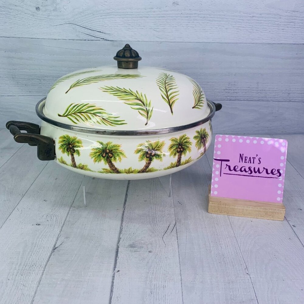 Tabletops Unlimited PALM GROVE Hand Painted Palm Trees  Enamel Lid Cookware Pot